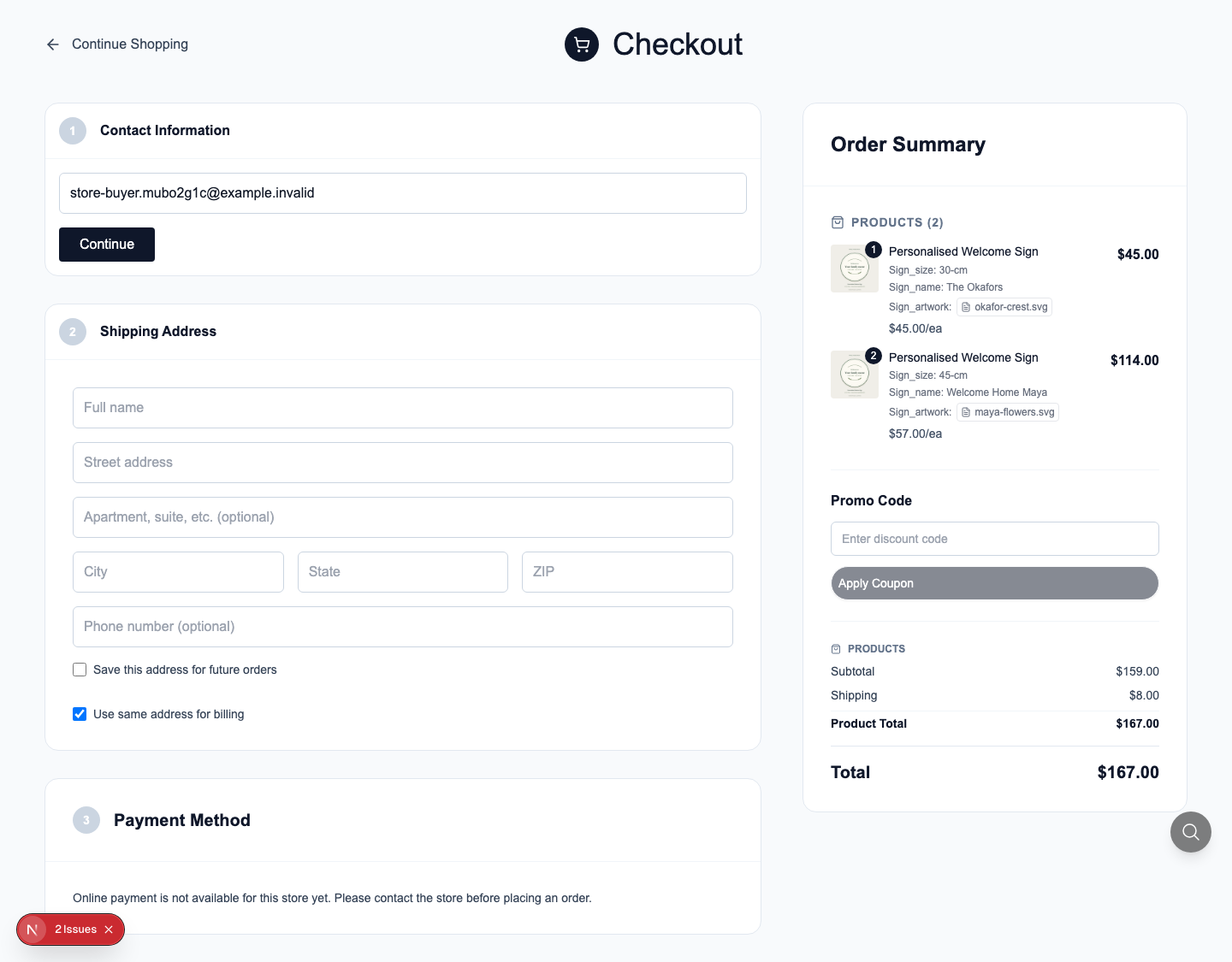 The actual checkout shows the two personalised designs alongside contact, shipping and payment sections.