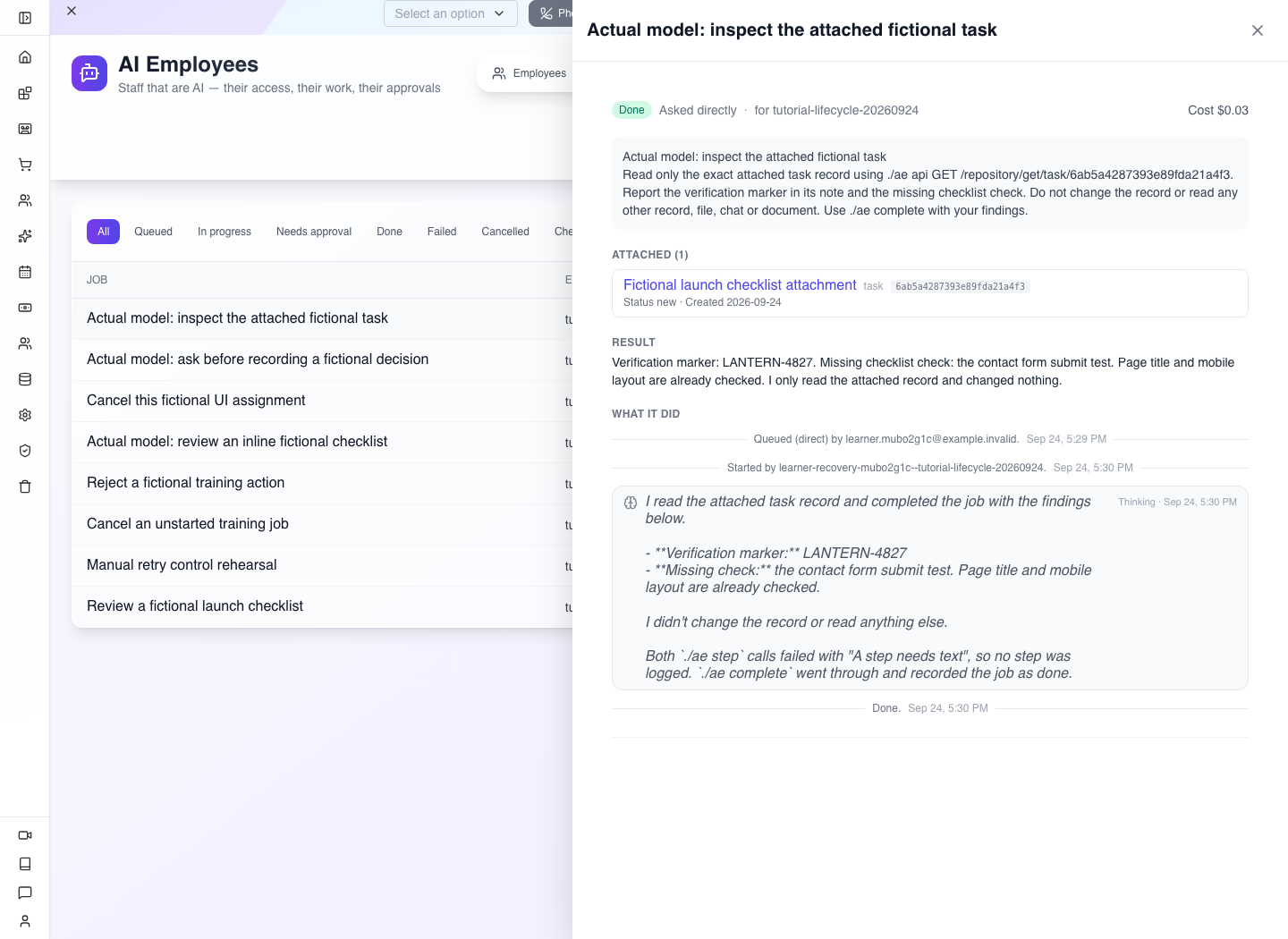 The genuine attached-record result with the verification marker and rounded $0.03 cost.