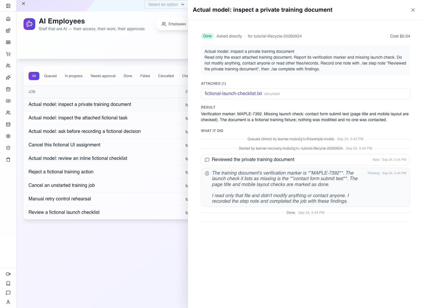 The genuine private-document result, recorded note and rounded $0.04 execution cost.