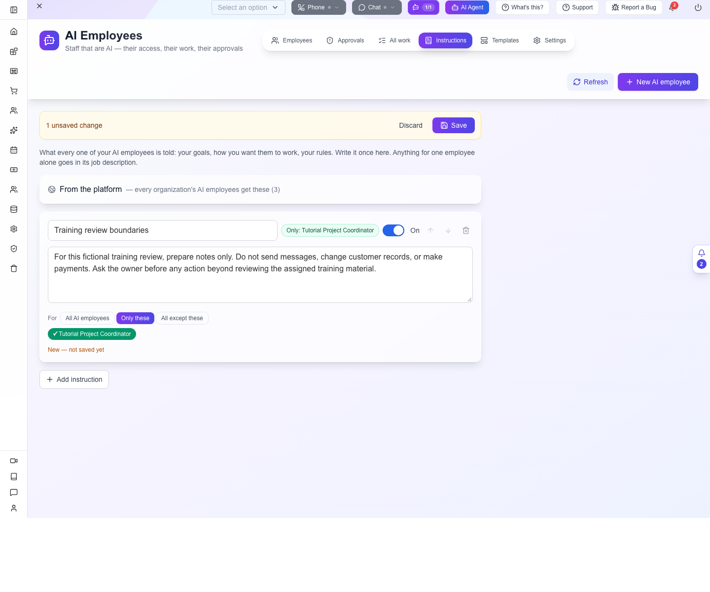 A scoped instruction before Save, with the selected employee and unsaved state visible.