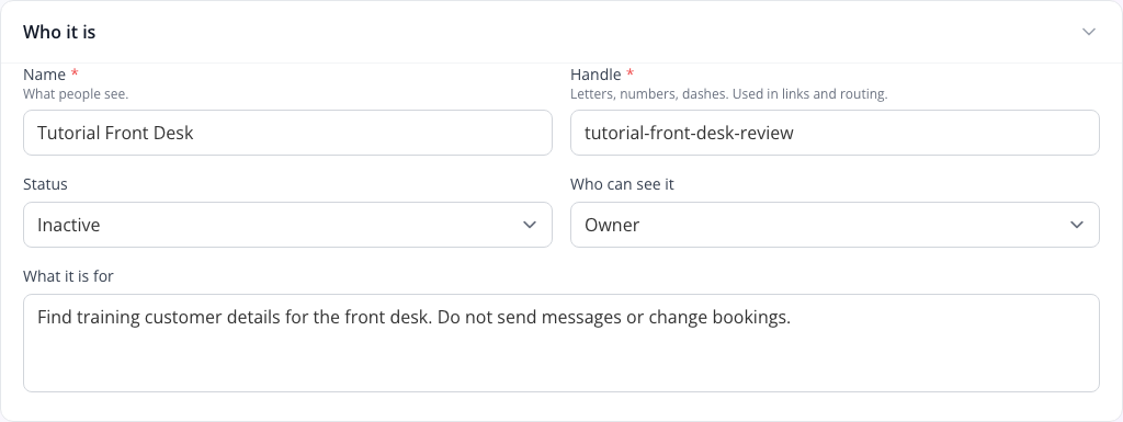 The actual saved identity fields in the current one-page editor.