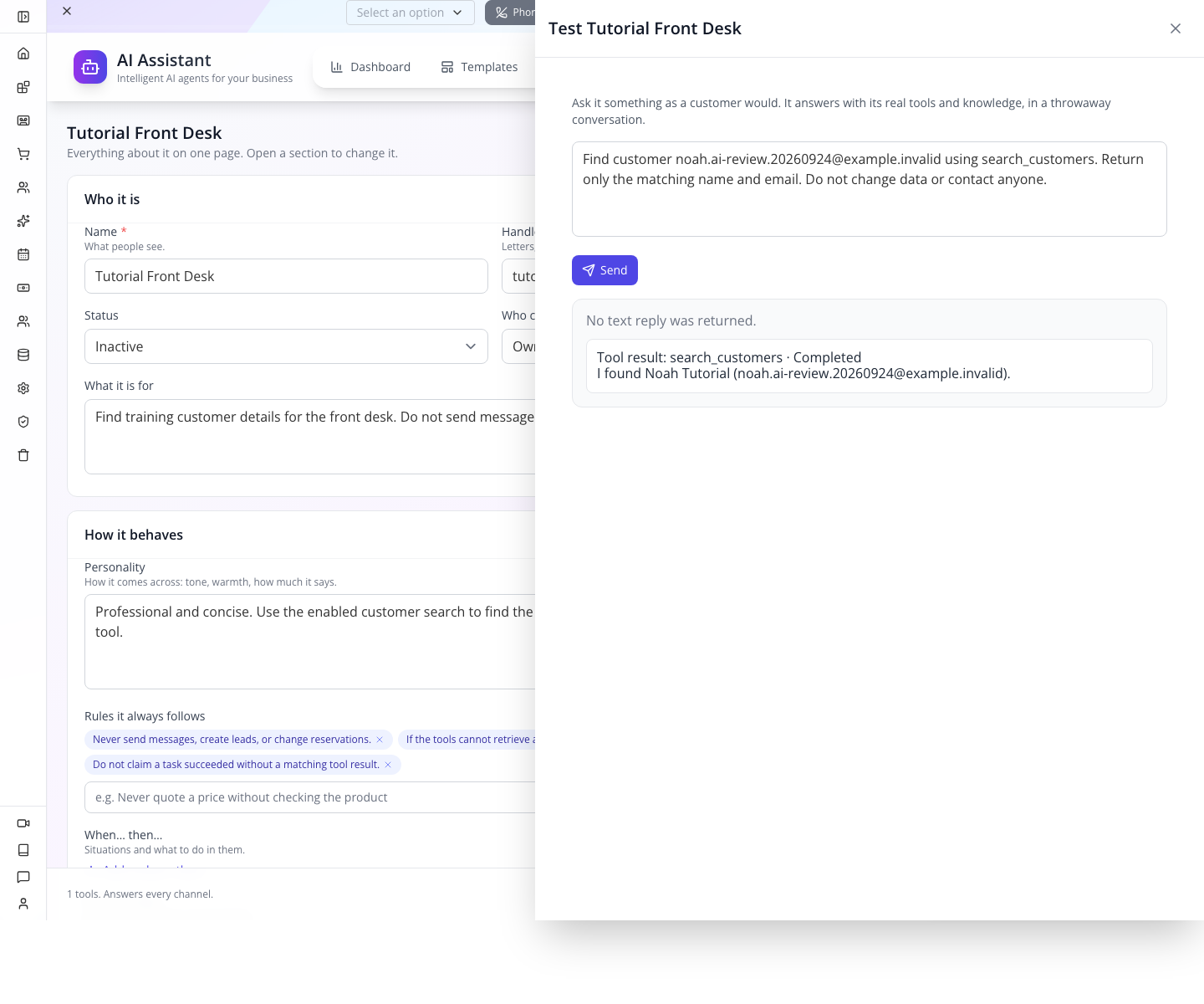 Actual Studio Test result: the exact email returns Noah Tutorial, with the executed tool shown separately from model text.