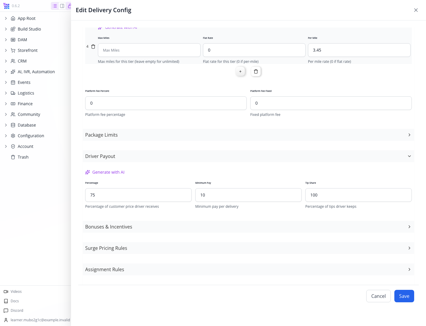 Driver allocation settings in the delivery configuration