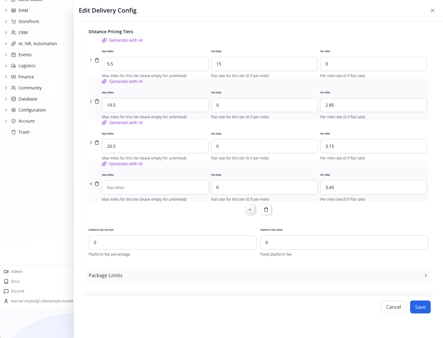 The delivery configuration's pricing fields