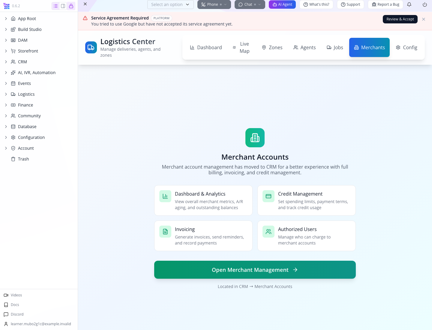 The Merchants tab points to CRM merchant account management