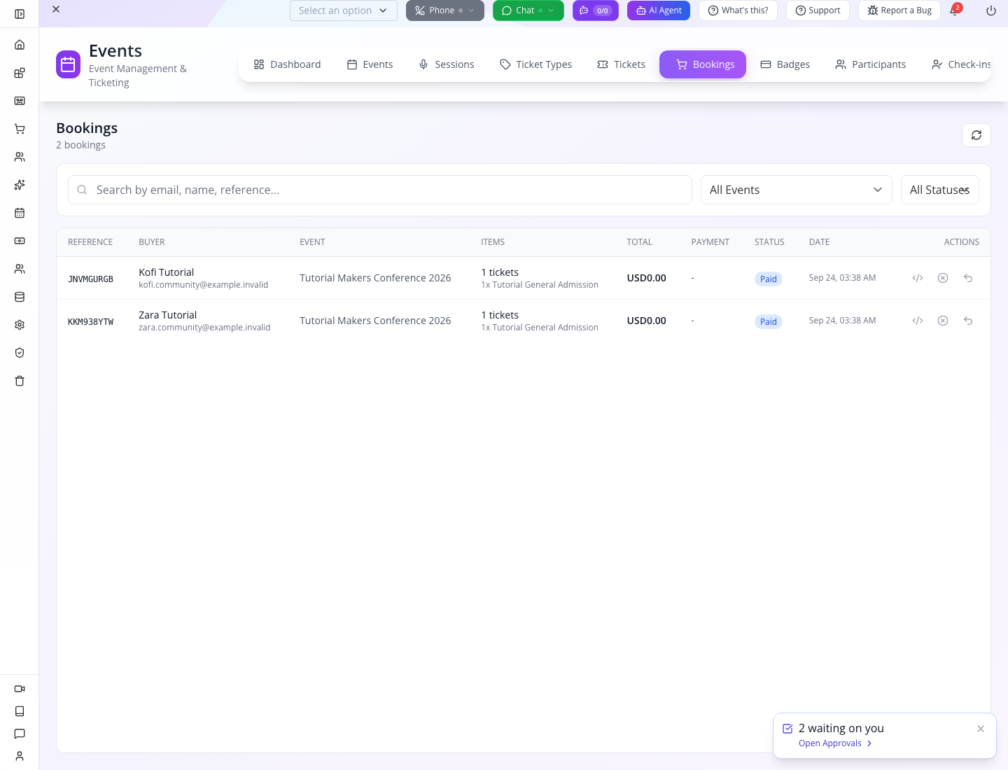 Both paid-zero bookings with their event and ticket counts