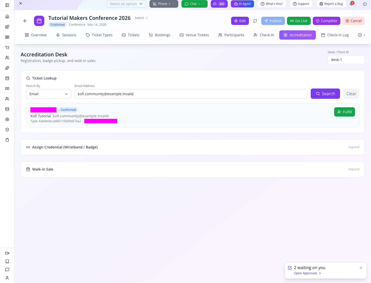 The working Studio ticket lookup, with ticket code concealed