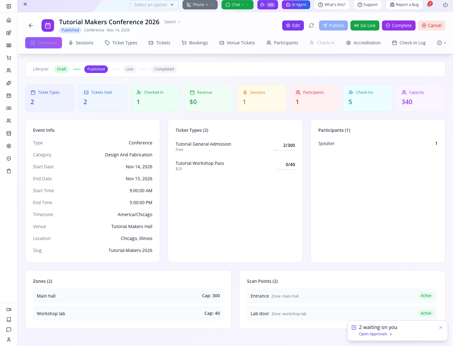 The saved event, ticket types and operating areas
