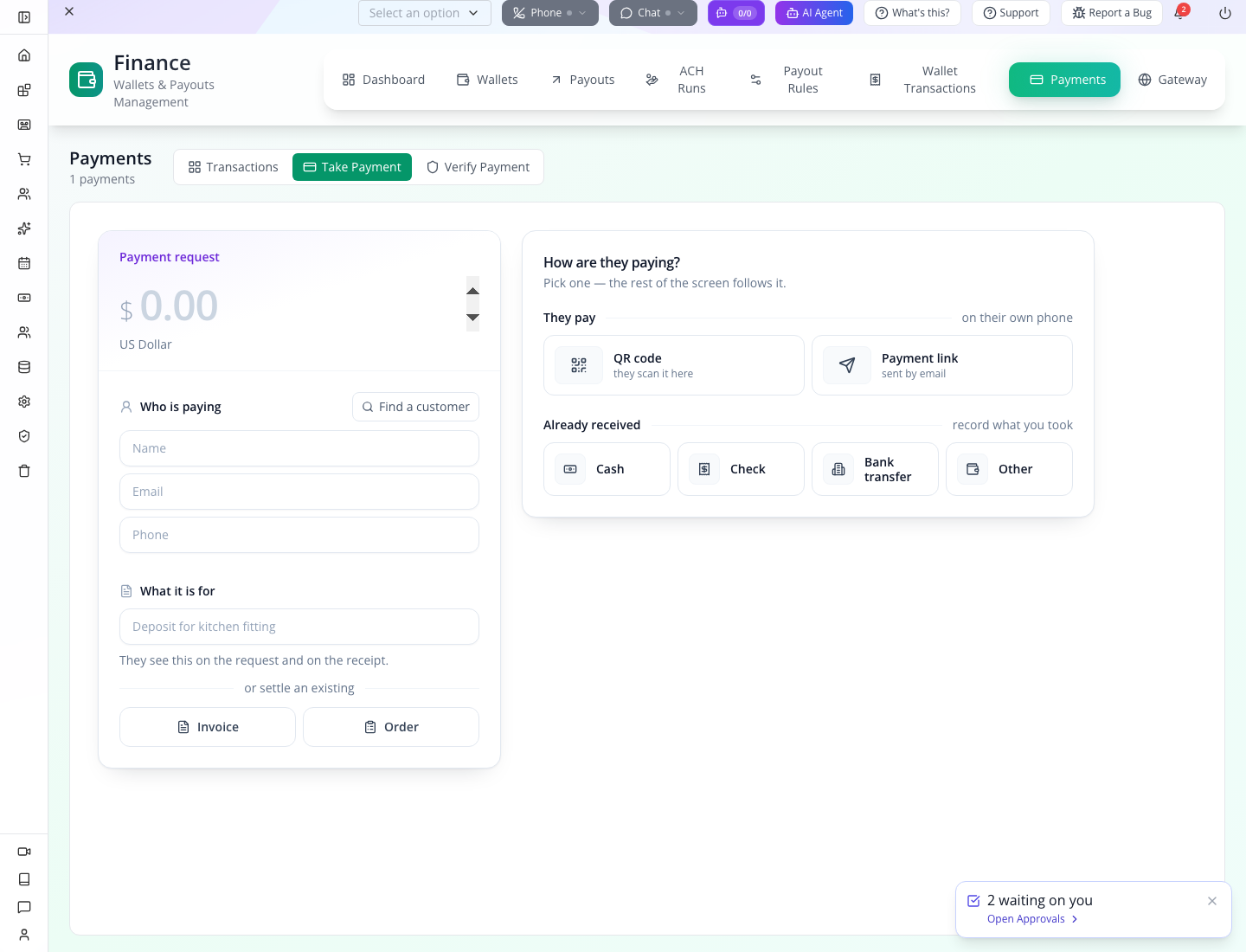 Take Payment: amount, payer, purpose and collection choices