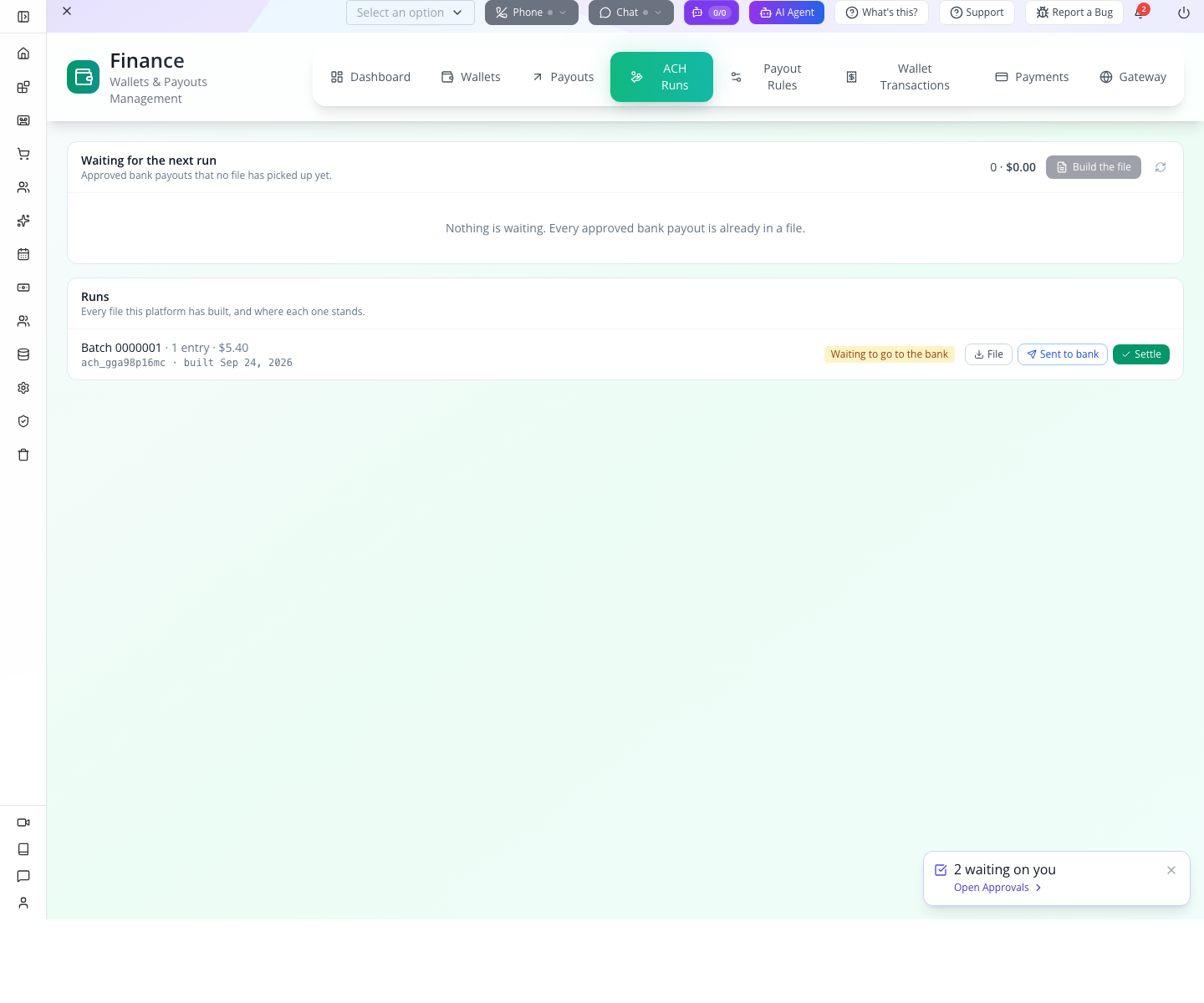 The built batch is waiting for a bank handoff; File downloads it.