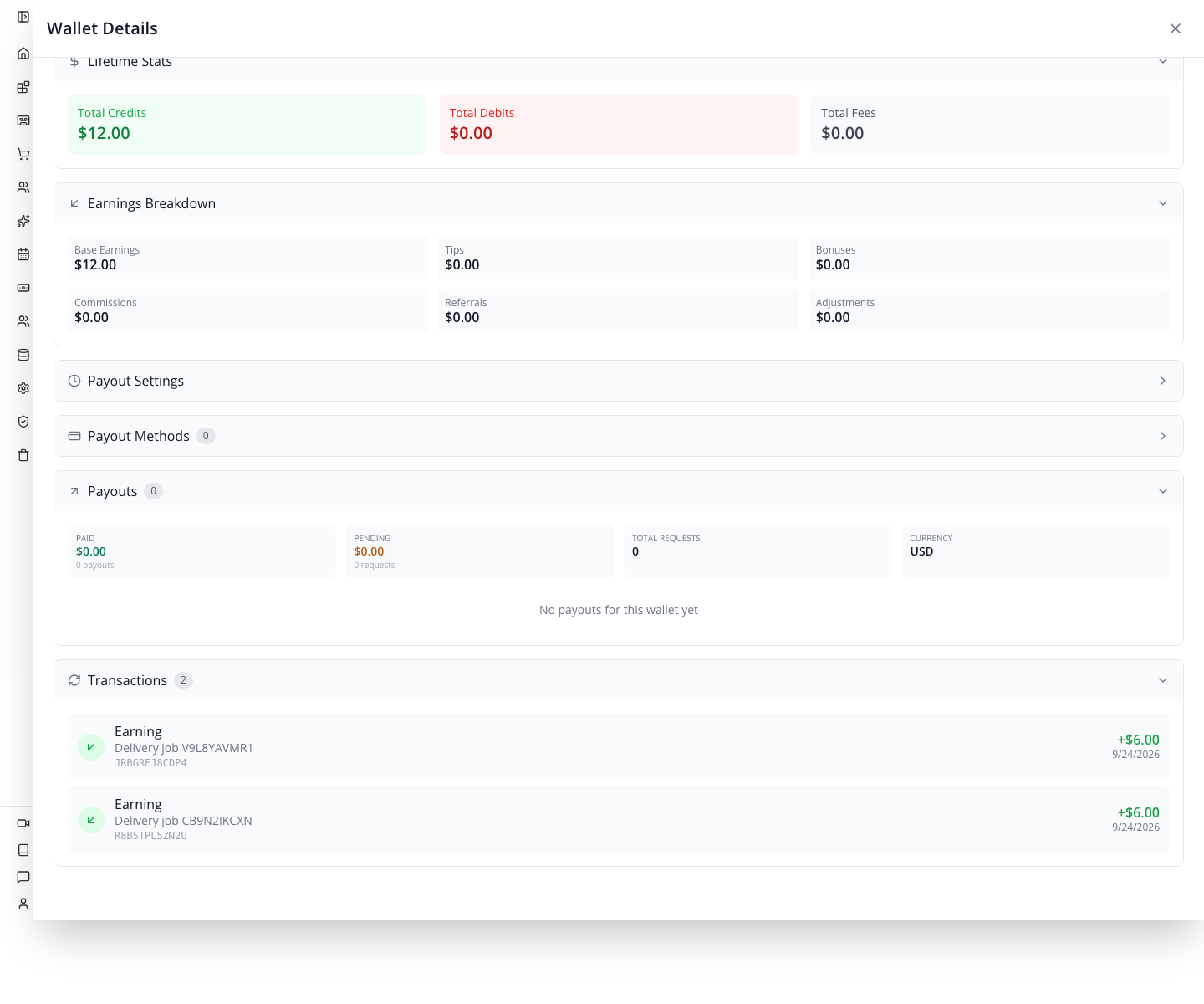 The driver's two actual job-generated credits, each with its source job number.