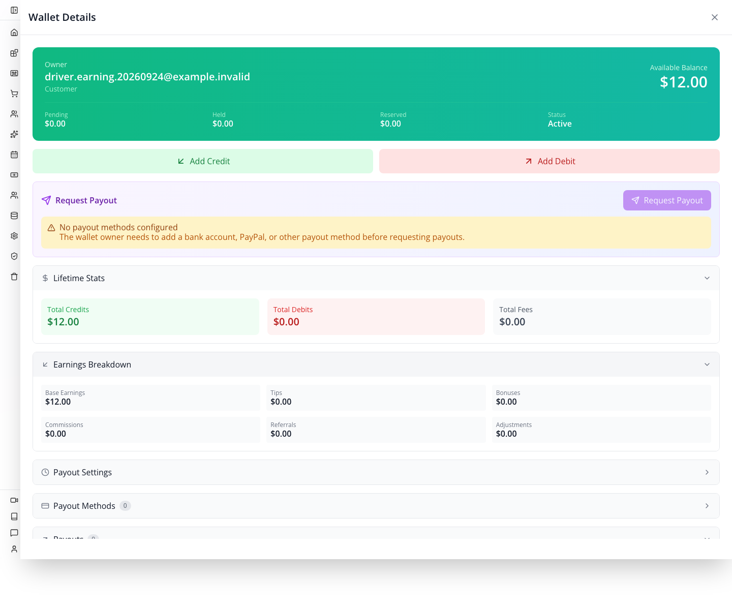 The delivery customer’s actual wallet: $12 base earnings, zero adjustments and no payout destination.