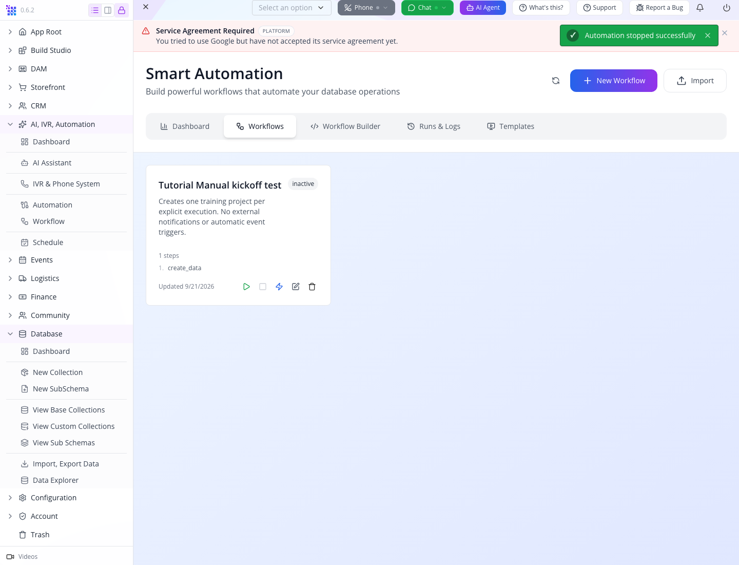 The manual training automation is inactive after execution.