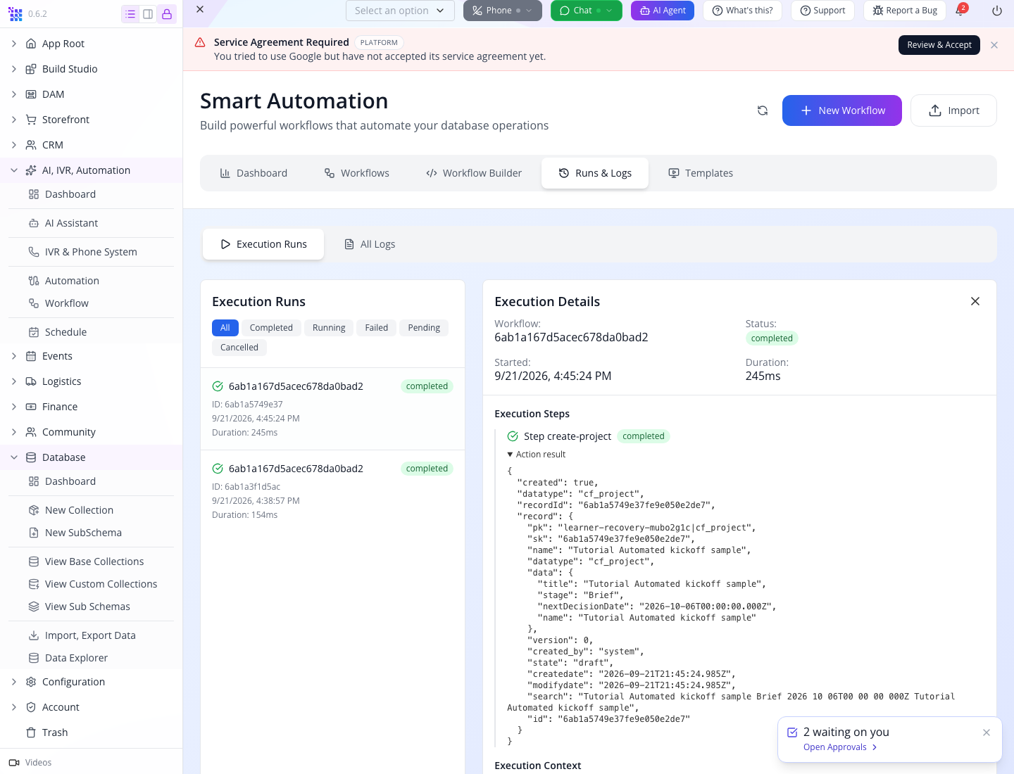 A completed action exposes its actual result and created project ID.