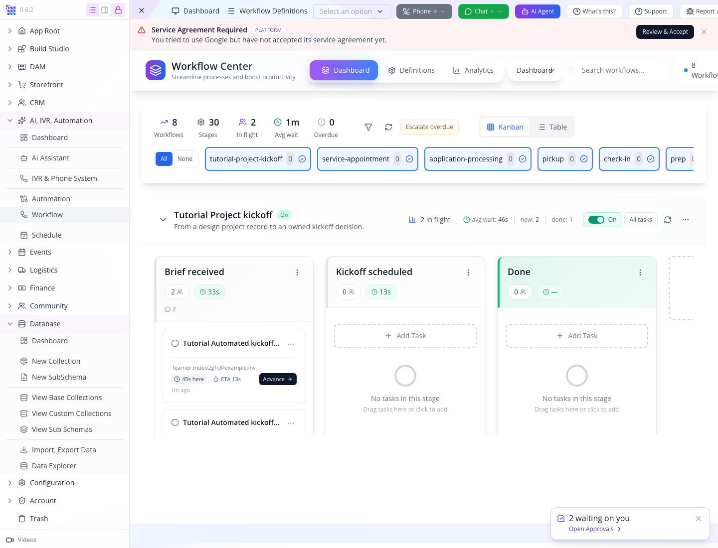 Both automation-created projects entered the kickoff workflow.