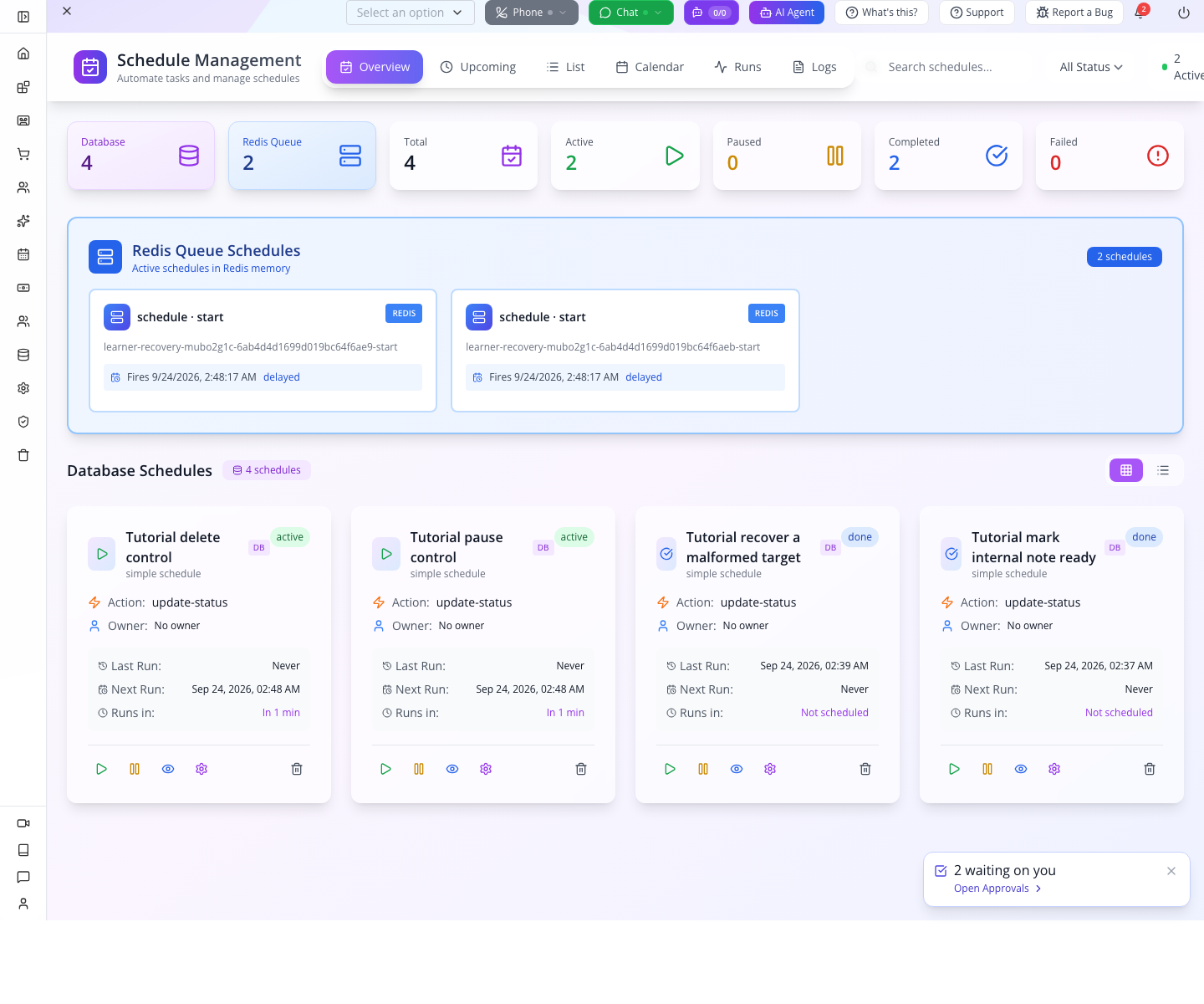 Schedule Management showing both completed jobs and two future training jobs.