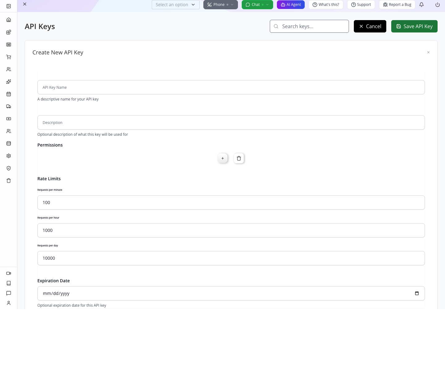 Fresh local API-key form, opened without saving a key.