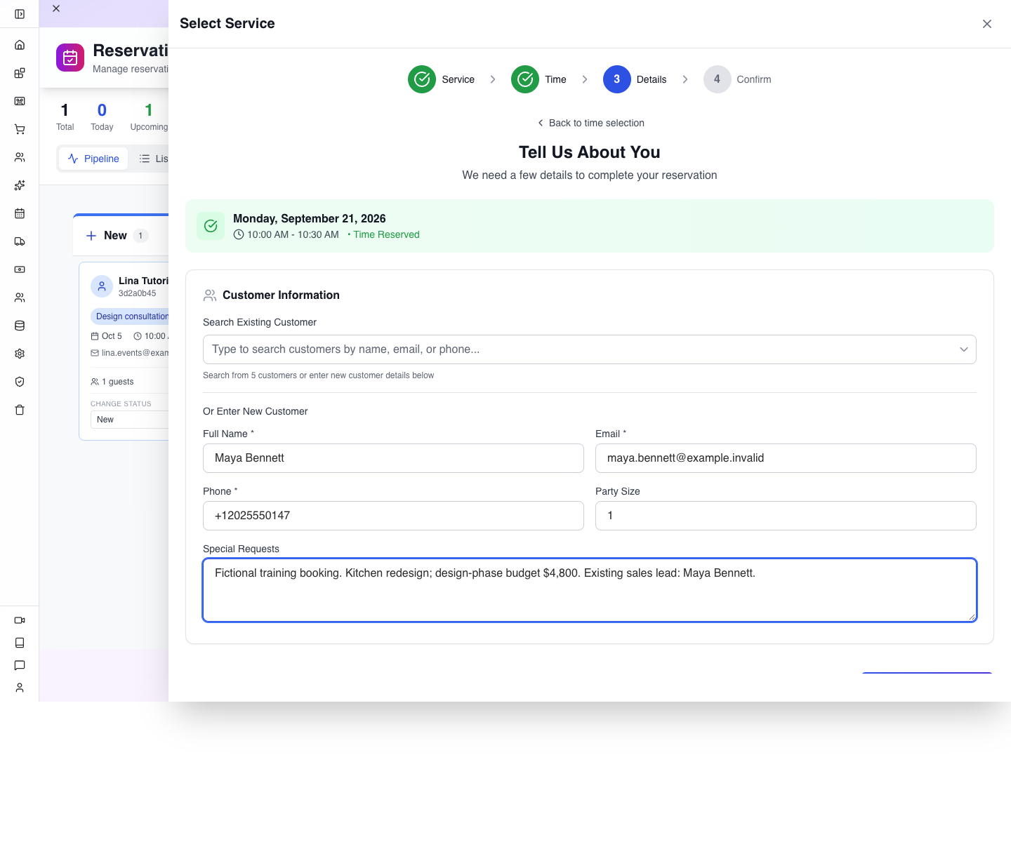 Customer and booking context entered before review.
