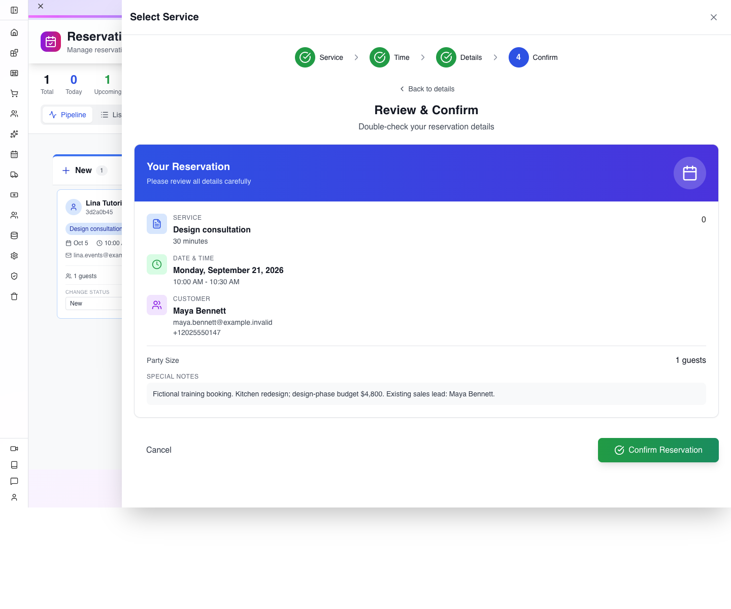 The final review screen puts the appointment and customer together.