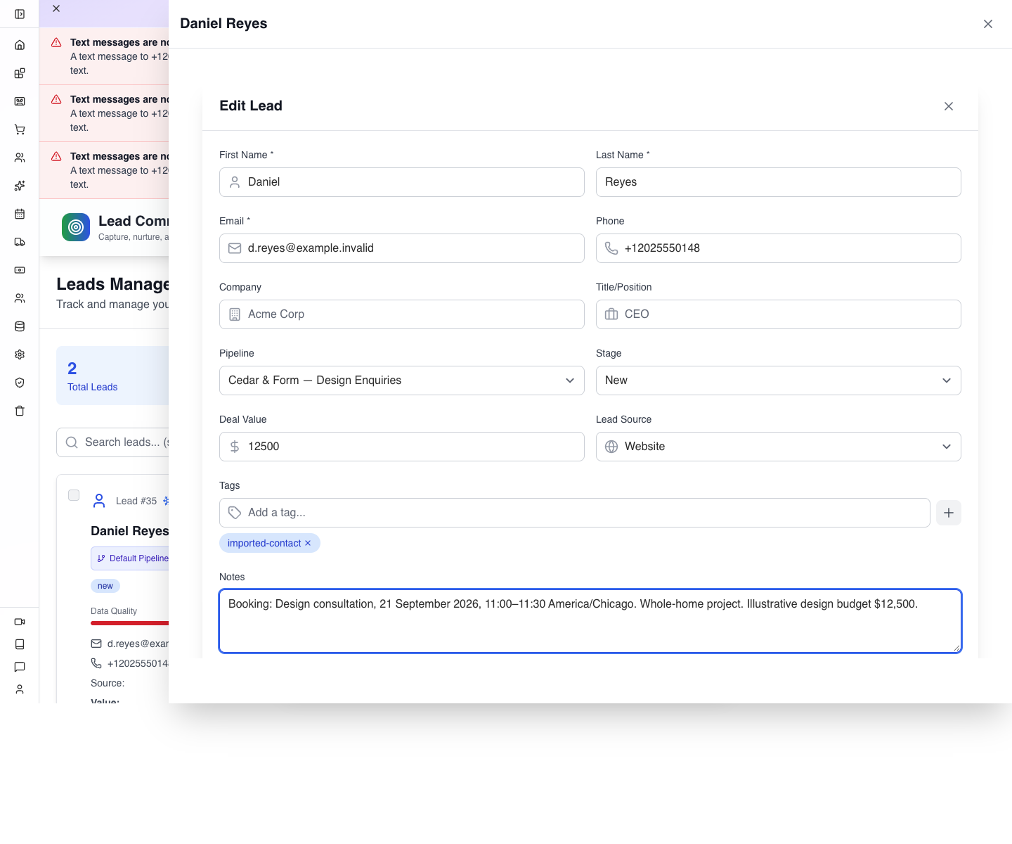 Completing the imported lead's pipeline, value, source and booking context.