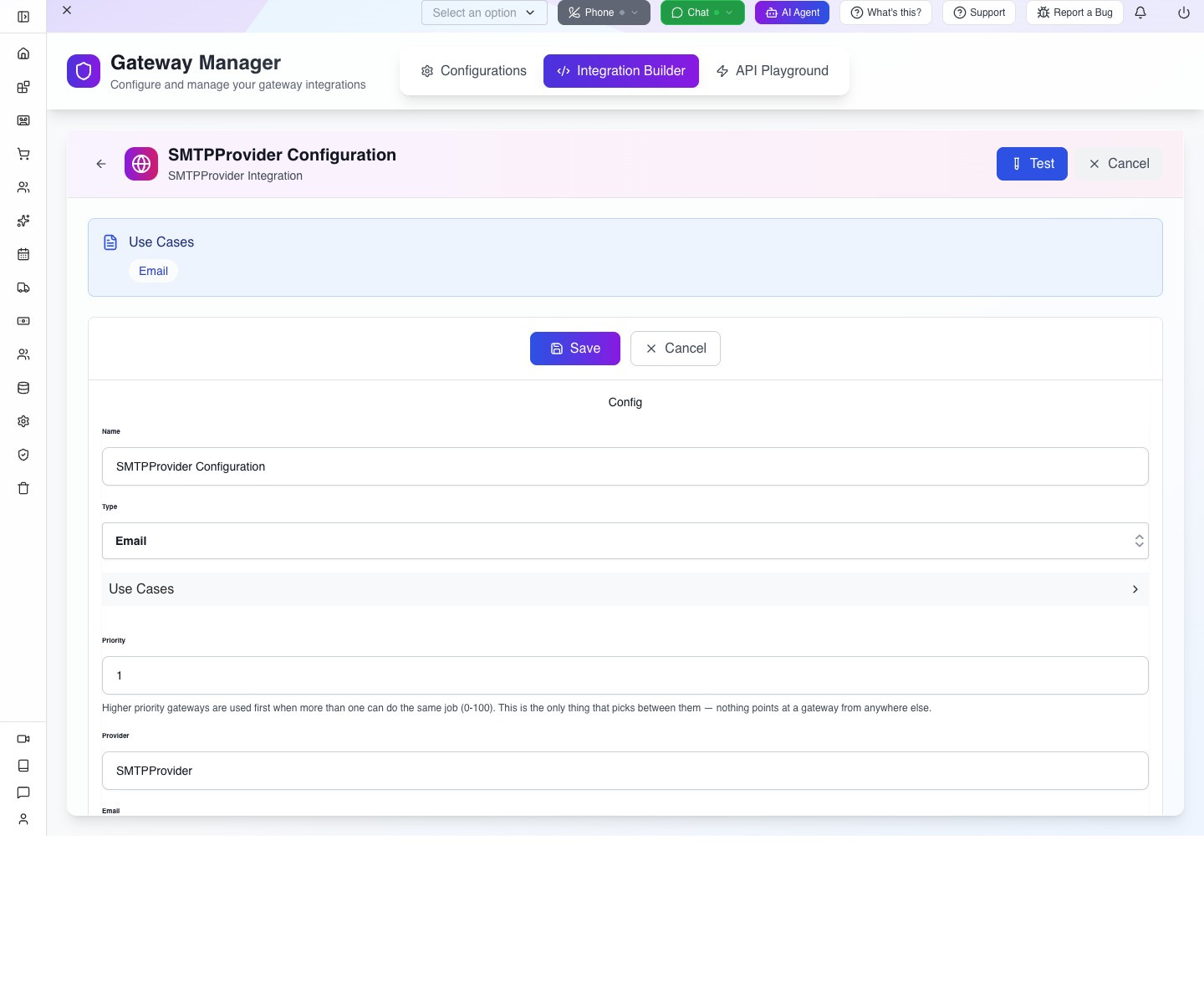 Fresh unsaved SMTP configuration form, with no credentials entered.