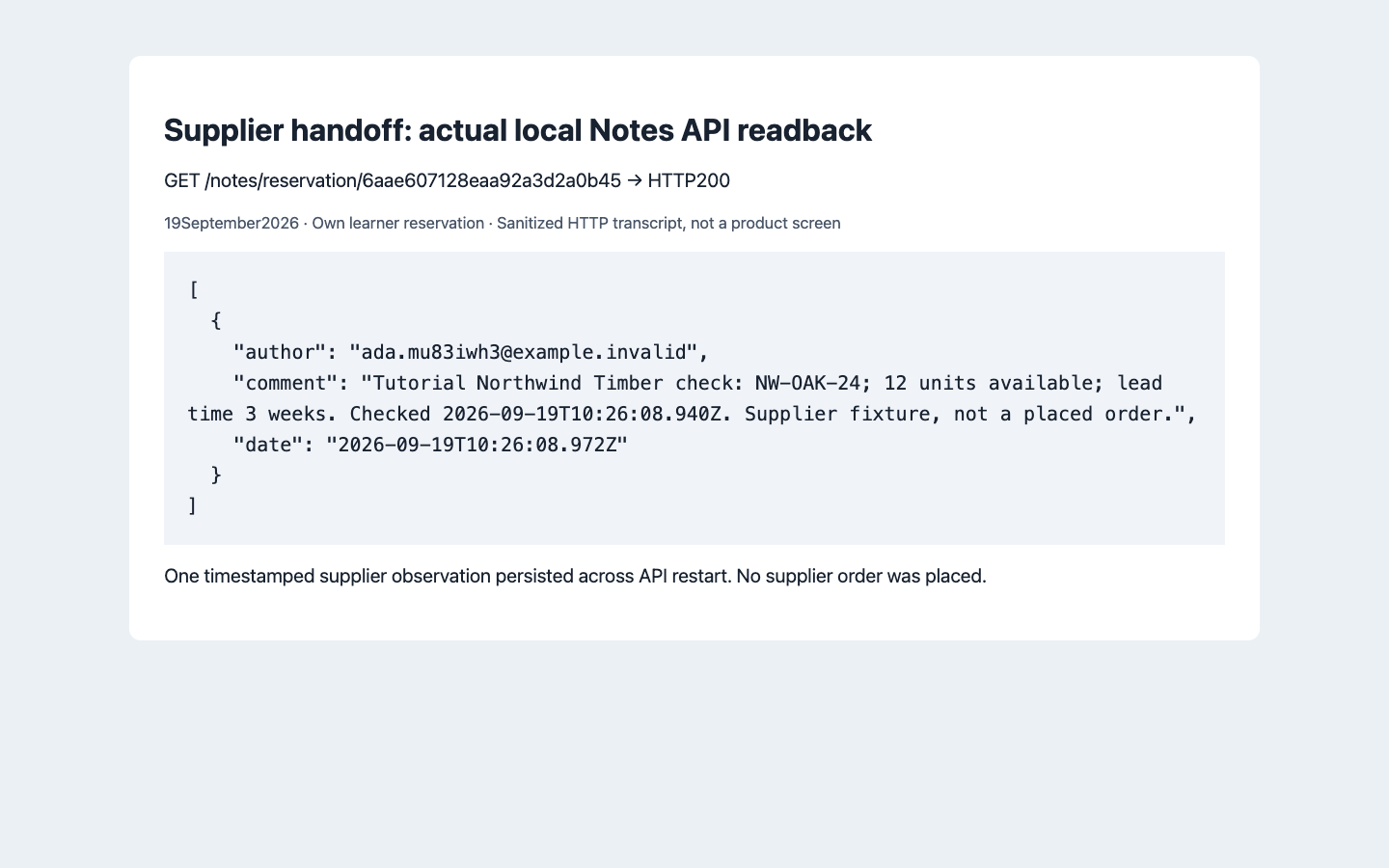 Actual local Notes API readback after the supplier handoff and API restart; this is a sanitized transcript.