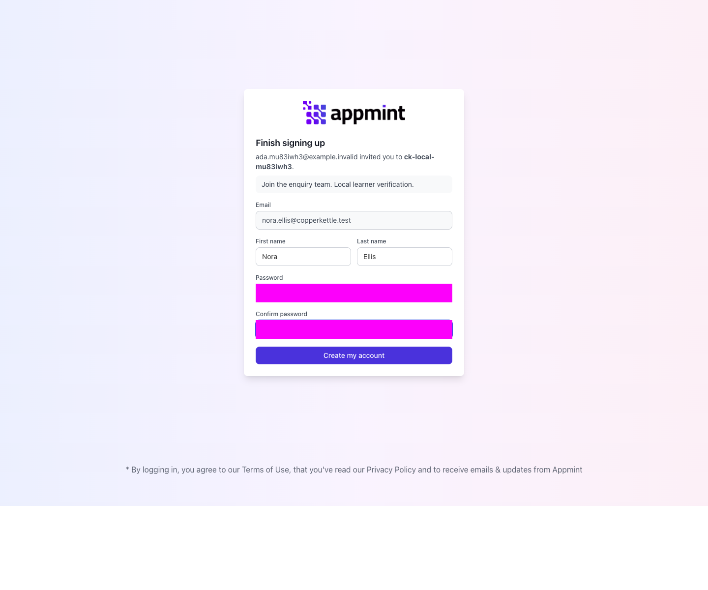 The invitation completion form, with the password fields masked in this capture.
