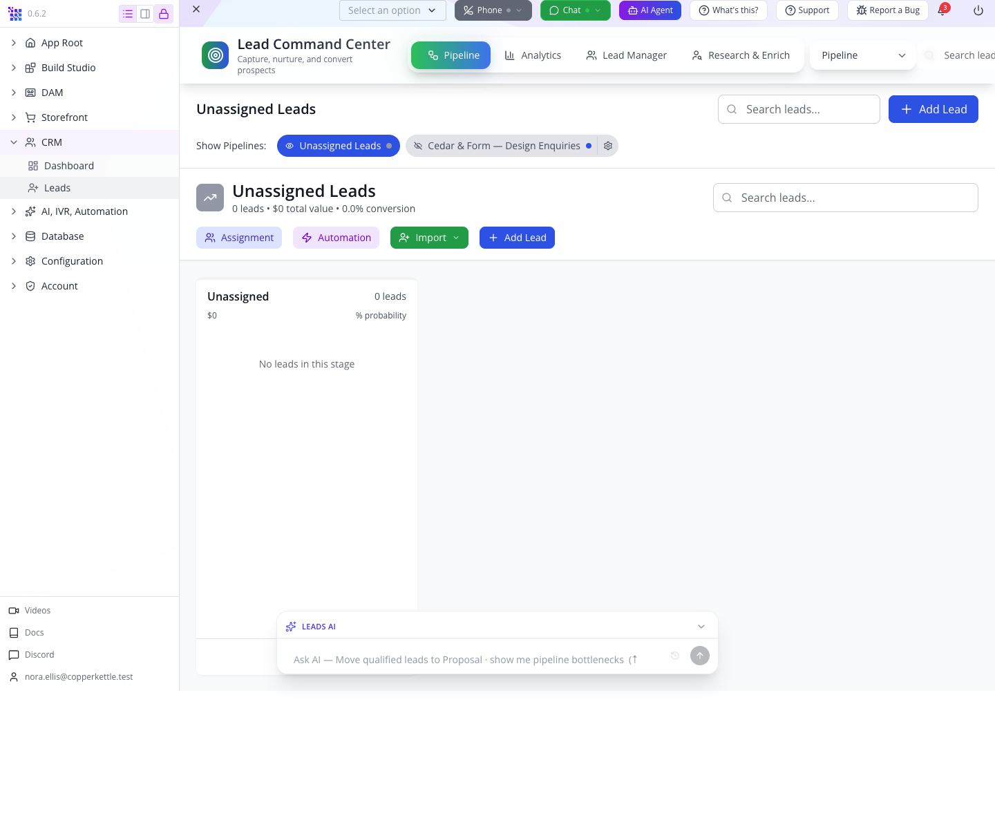 Leads opens under Nora’s own account. The business pipeline is available beside Unassigned Leads.