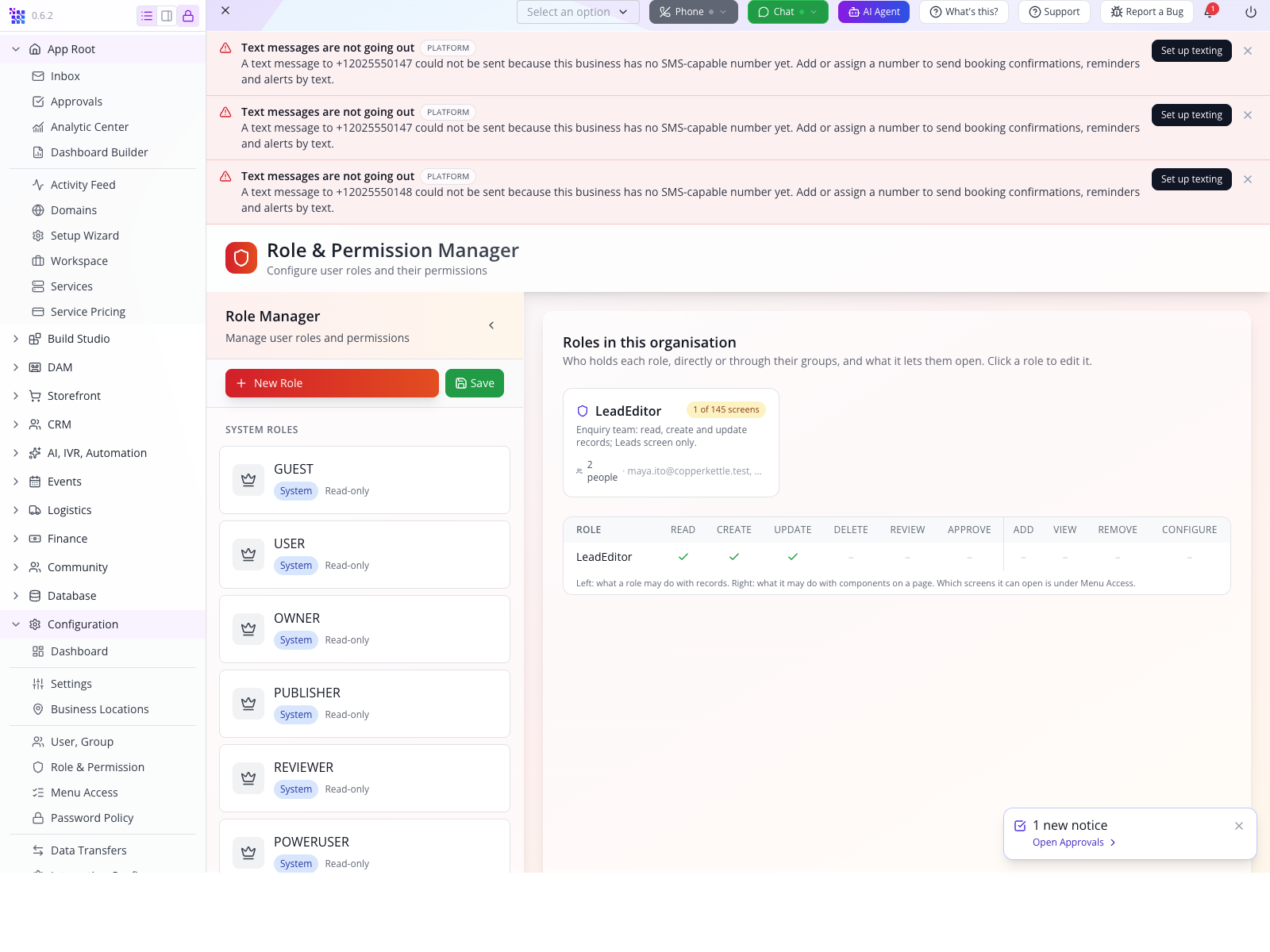 LeadEditor correctly lists the two colleagues who inherit it through Sales after reload.