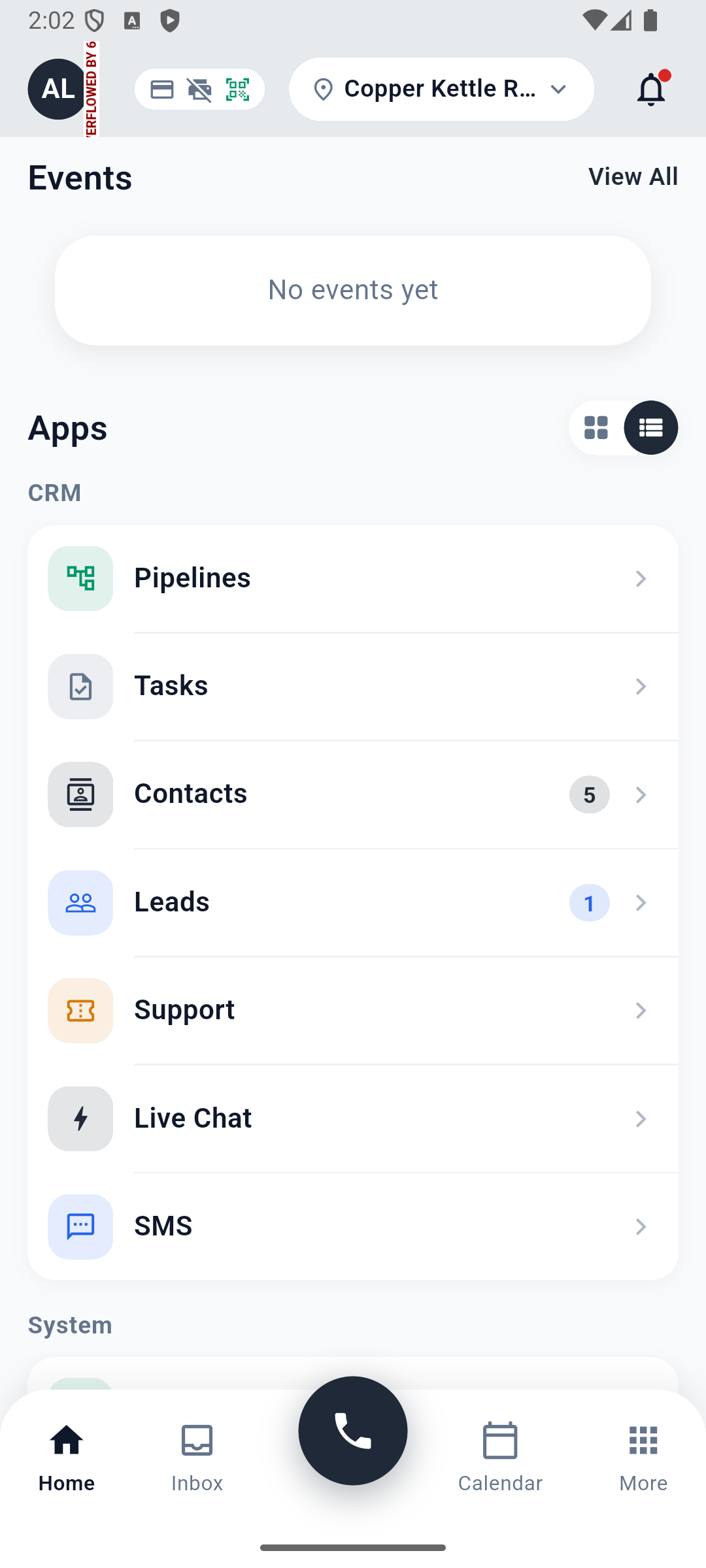 CRM-focused Home after a full restart in the current training build