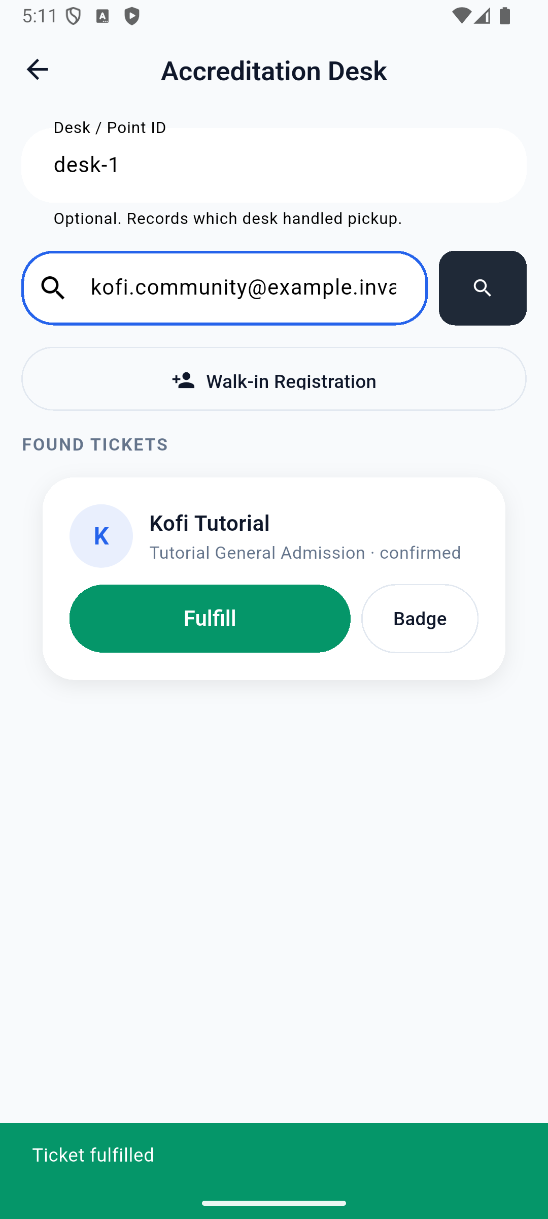 Native fulfillment at the configured registration desk
