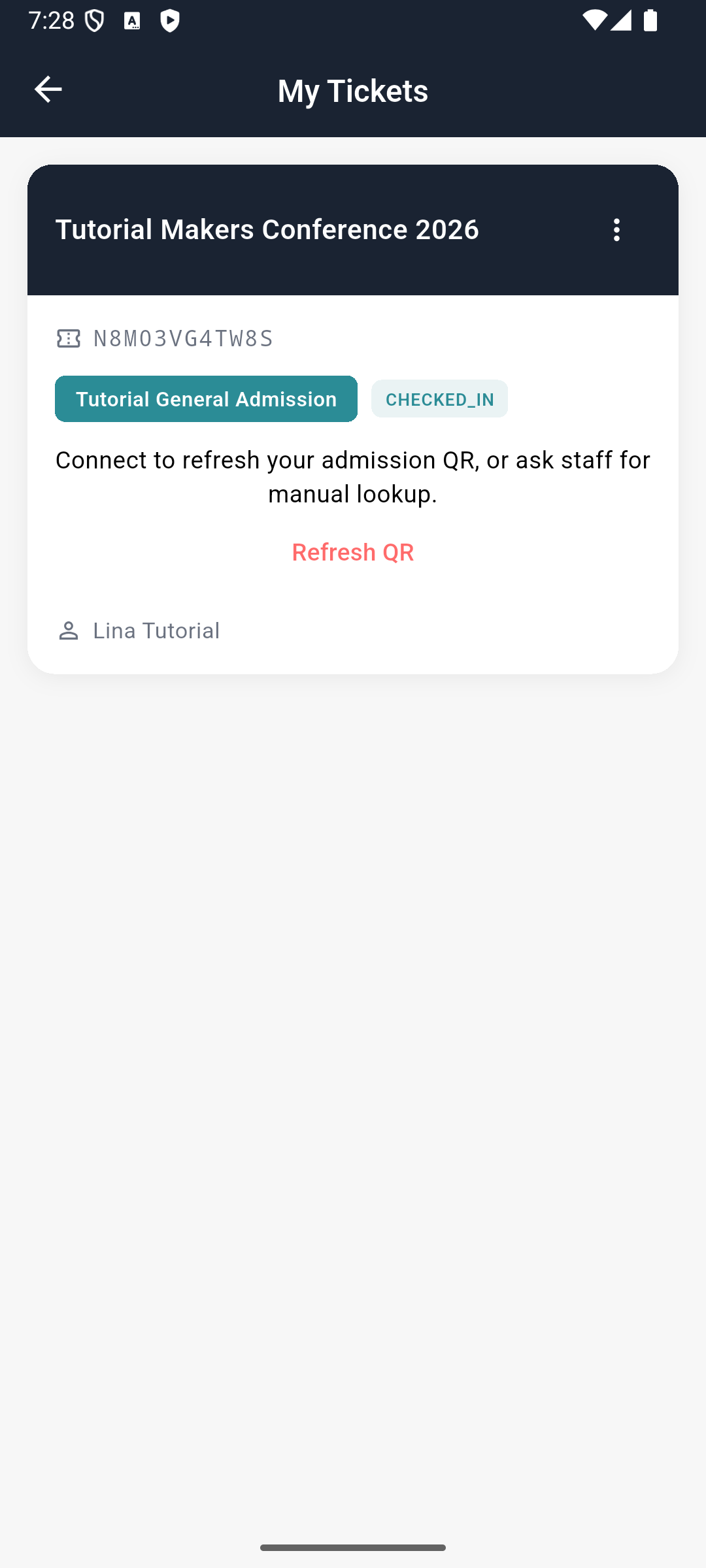 EventOxygen reflects the staff admission; this capture deliberately shows the disconnected QR state to keep the live code private