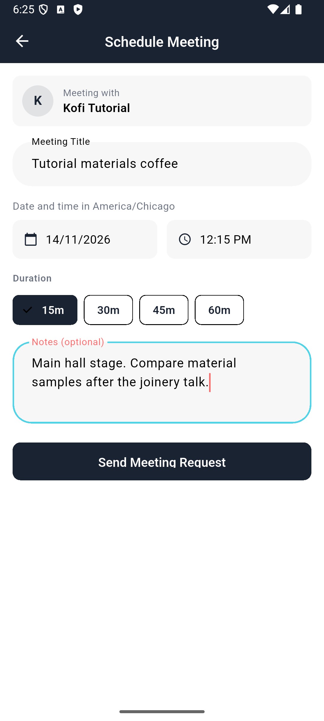 Completed native meeting form with the venue timezone