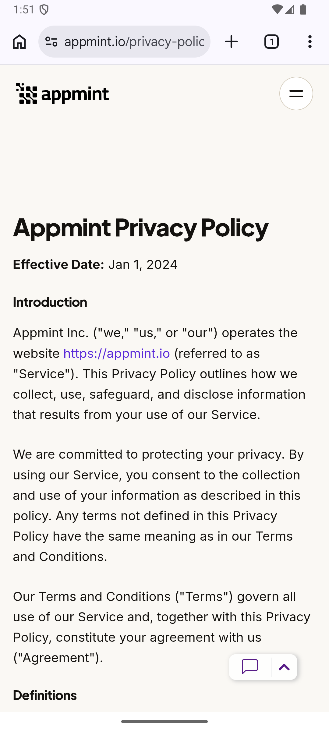 Actual Android browser after opening EventOxygen’s corrected Privacy Policy link.