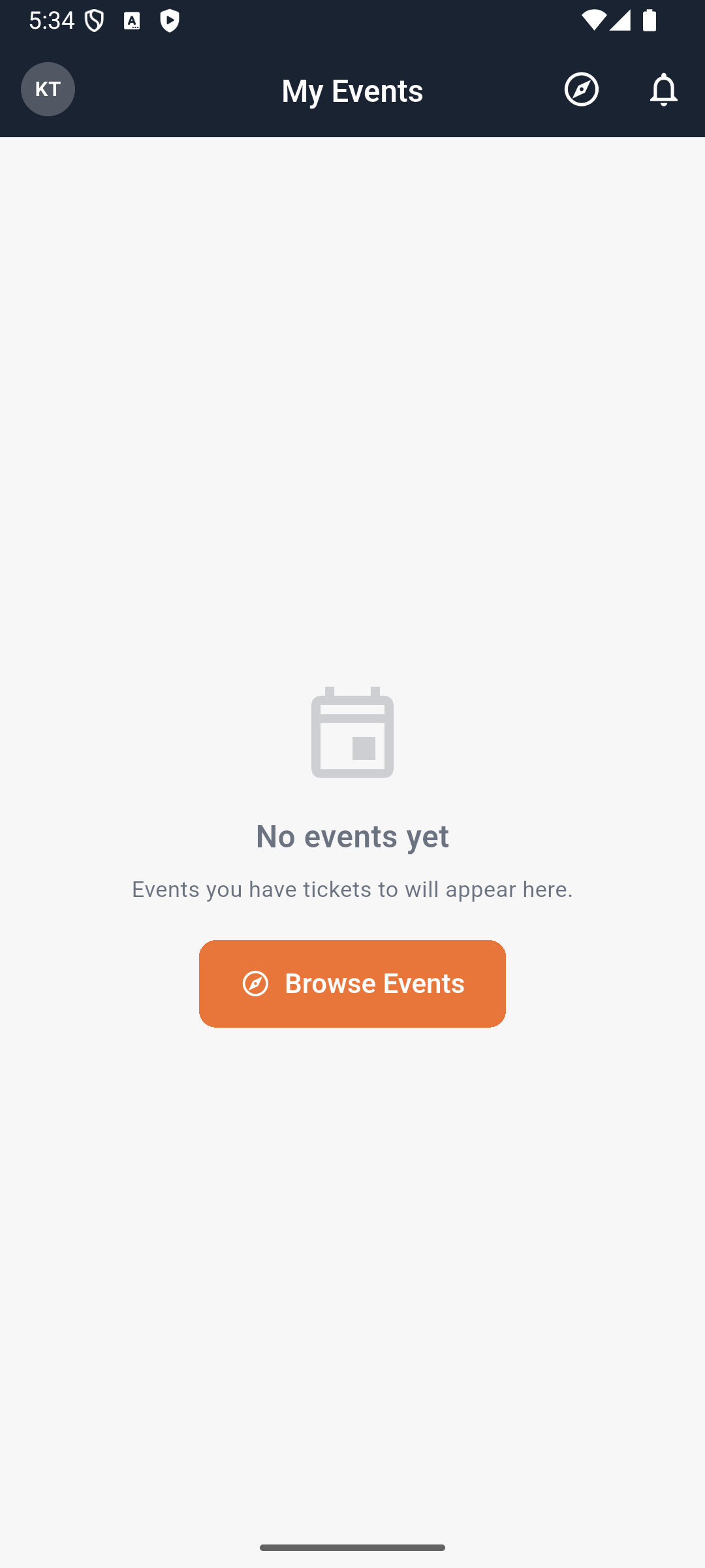 A fresh account reaches My Events directly after signup