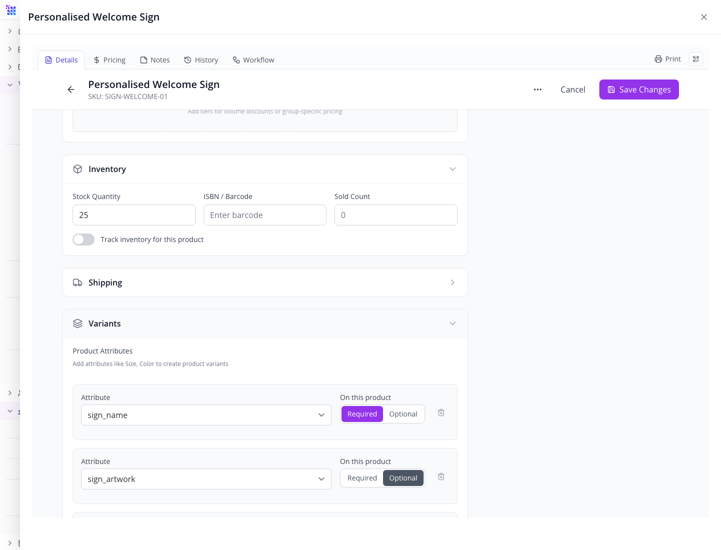 The saved product’s optional artwork setting and required size choices