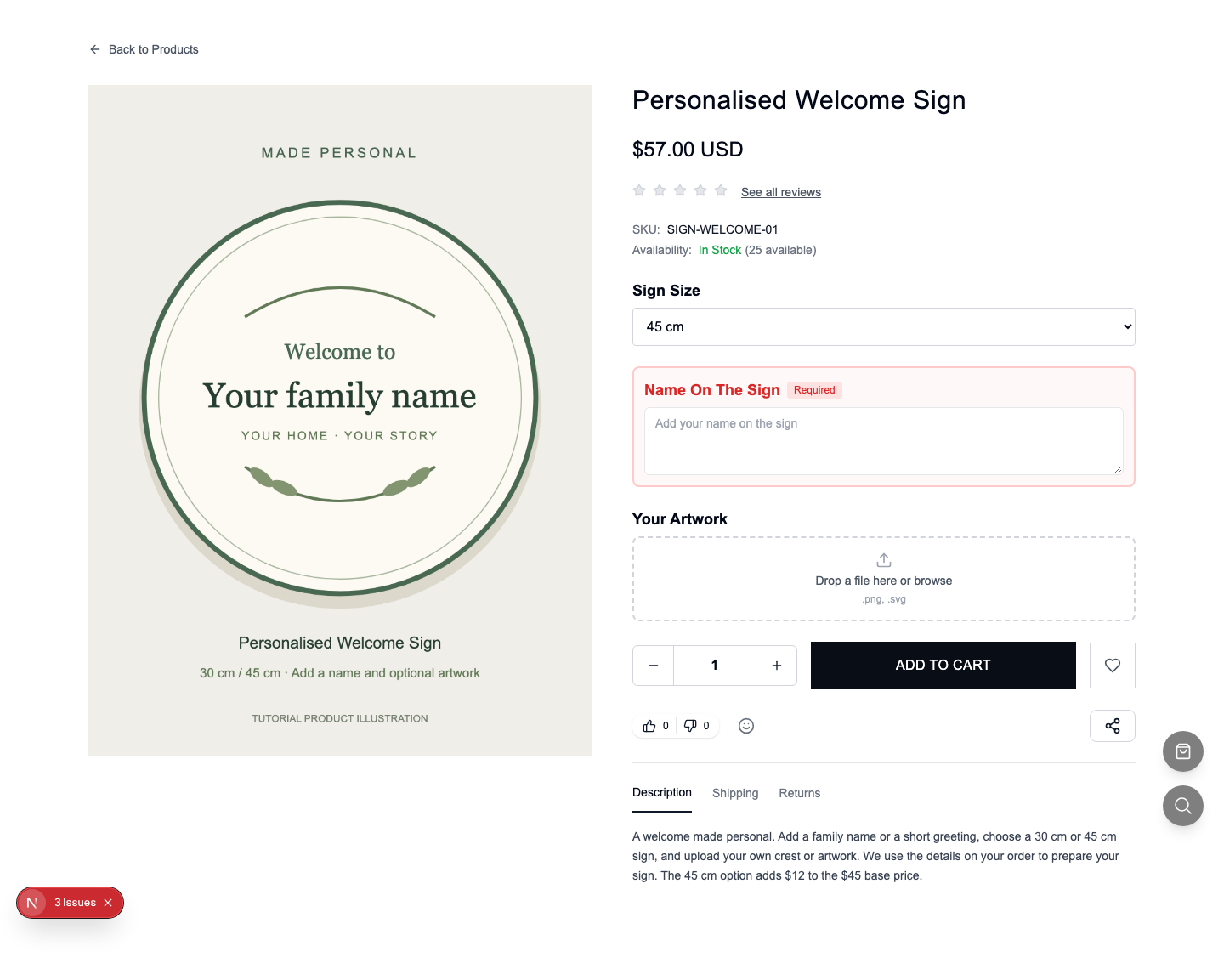 The working product page:45 cm costs57, and a missing required name is highlighted.