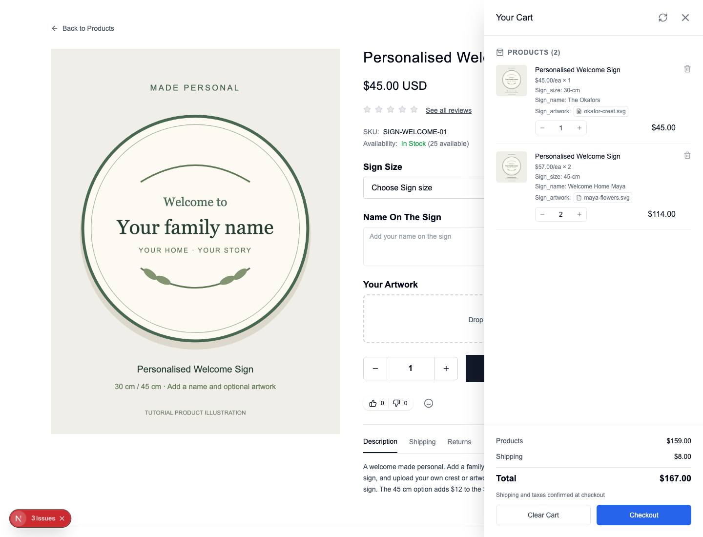 Two distinct personalised lines retain their own filenames and prices after reload.