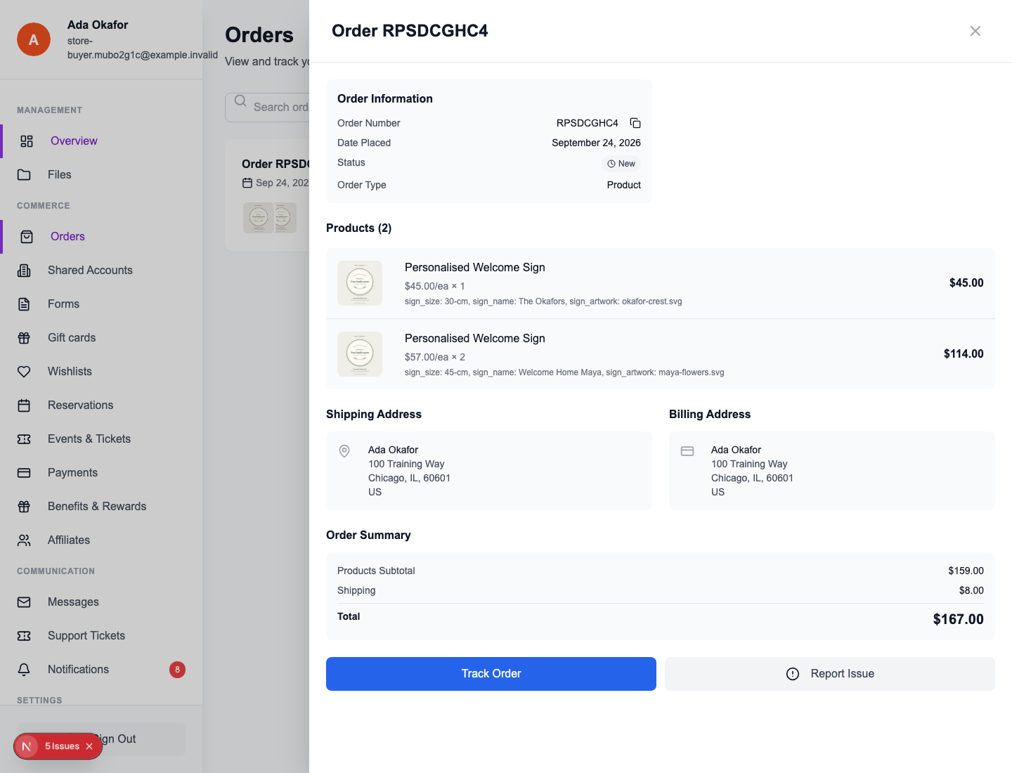 The actual unpaid customer order retains both names, sizes, quantities and artwork filenames.