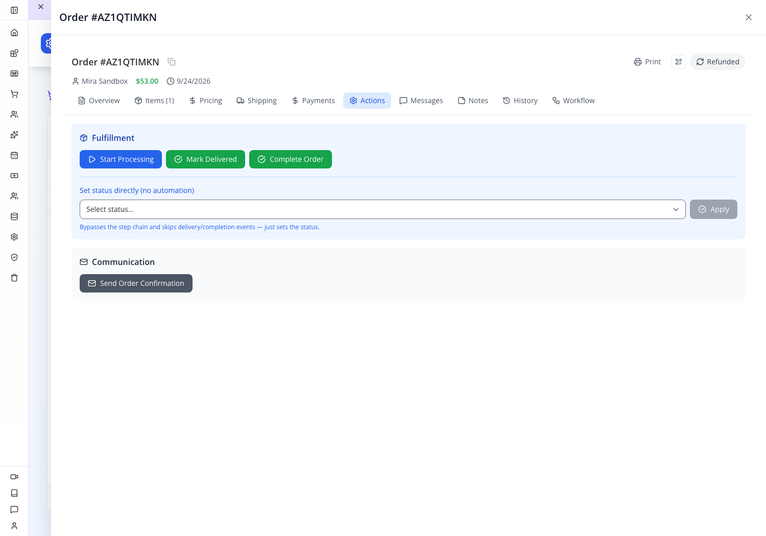Actual order header after the single successful Stripe sandbox refund.