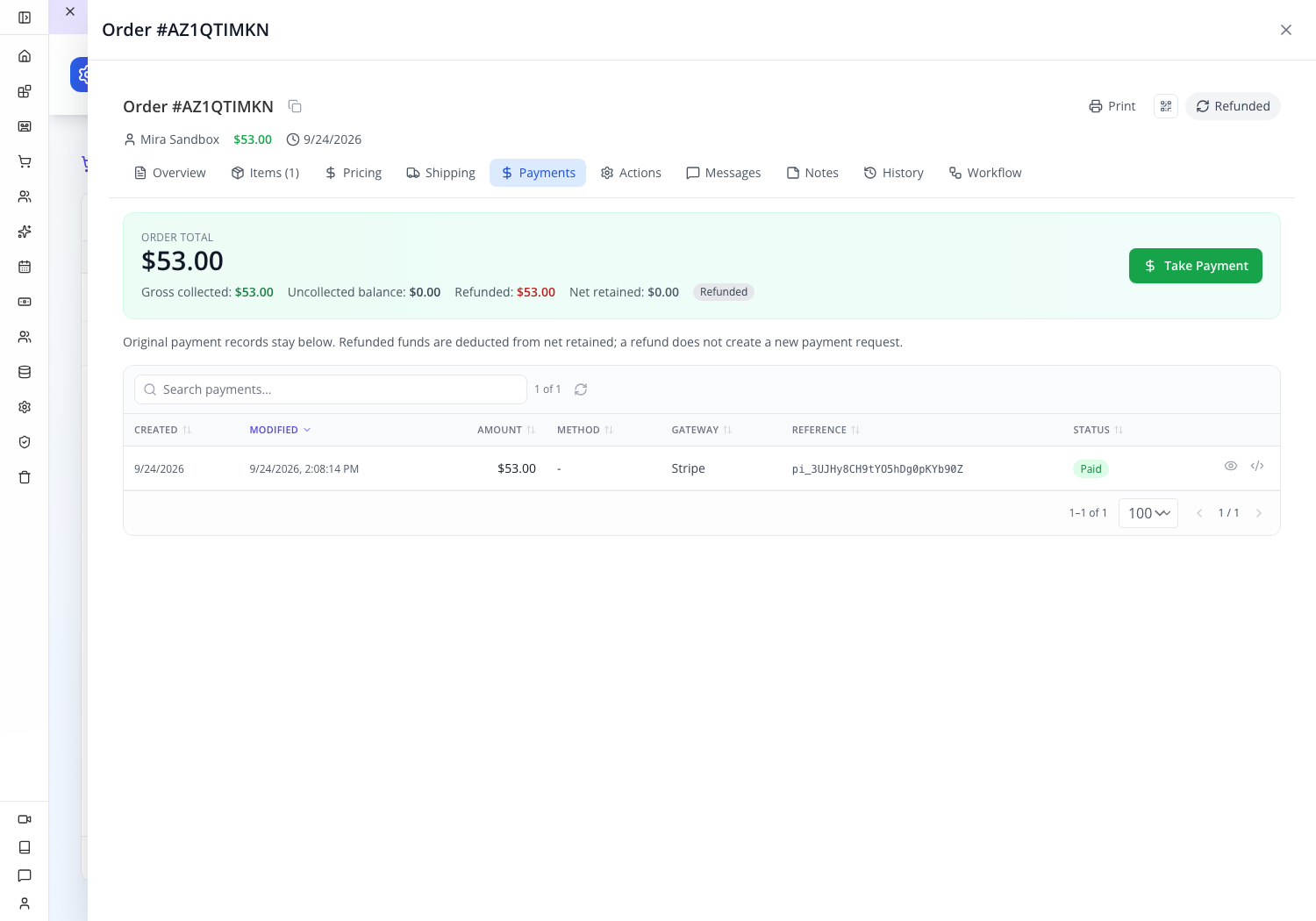 Current Payments summary separates the original collection, returned amount and zero net retained.