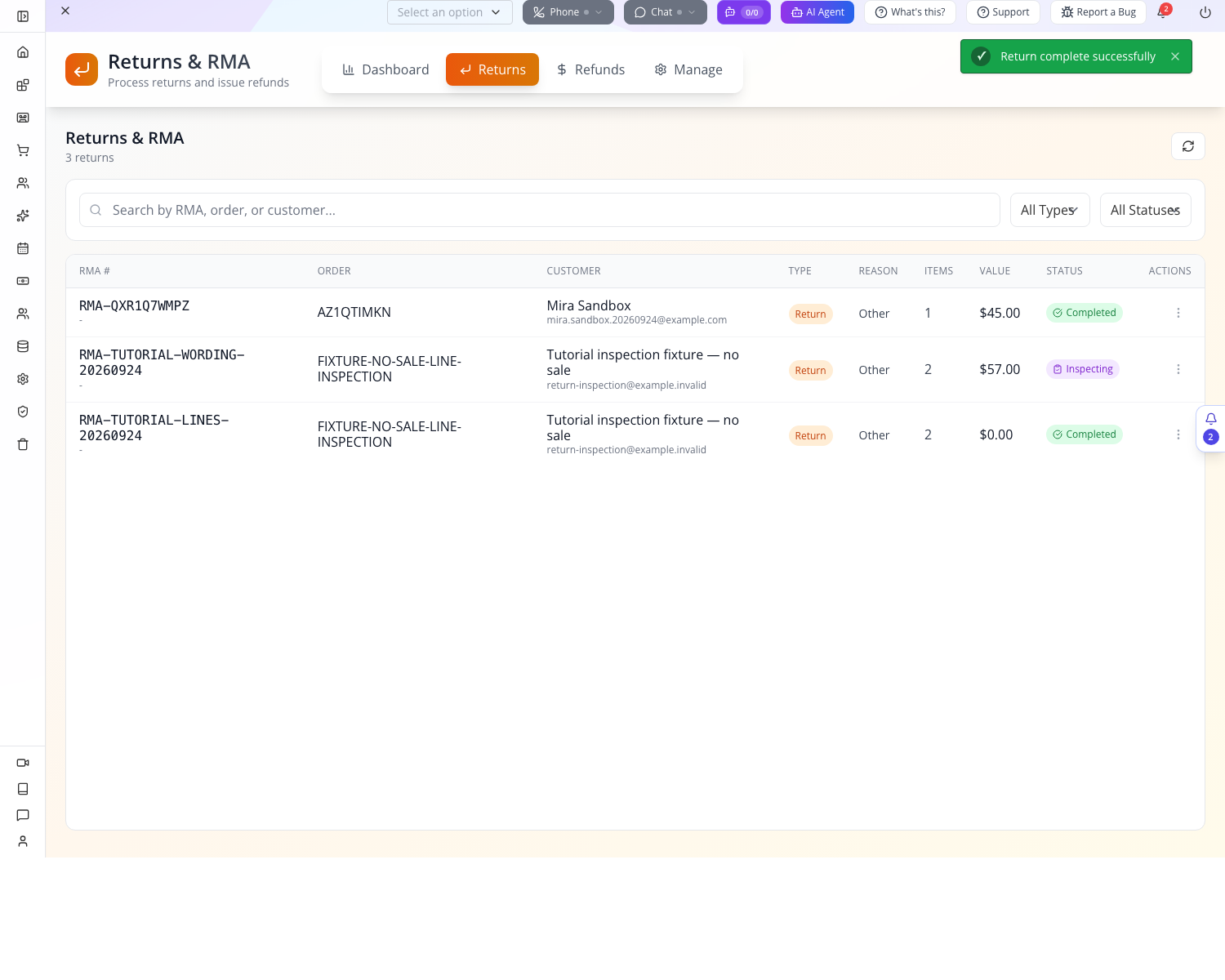 The completed RMA stays linked to Mira’s actual sandbox order.