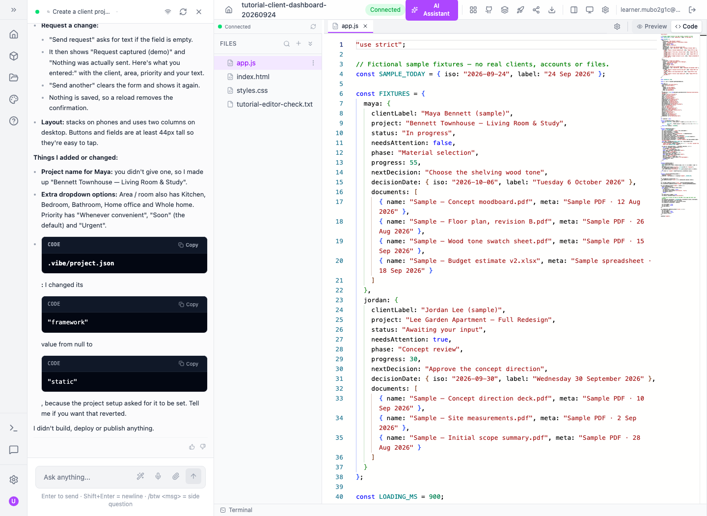 The freshly generated app.js: sample date, Maya and Jordan fixtures, and the preserved manual check file.