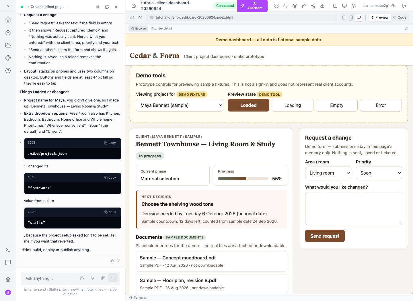The actual Cedar and Form dashboard running inside Vibe's static preview.