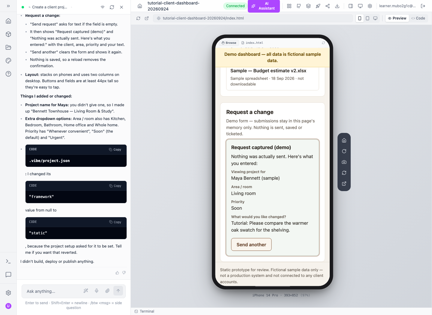 The actual demo acknowledgement at mobile width, explicitly saying nothing was sent.
