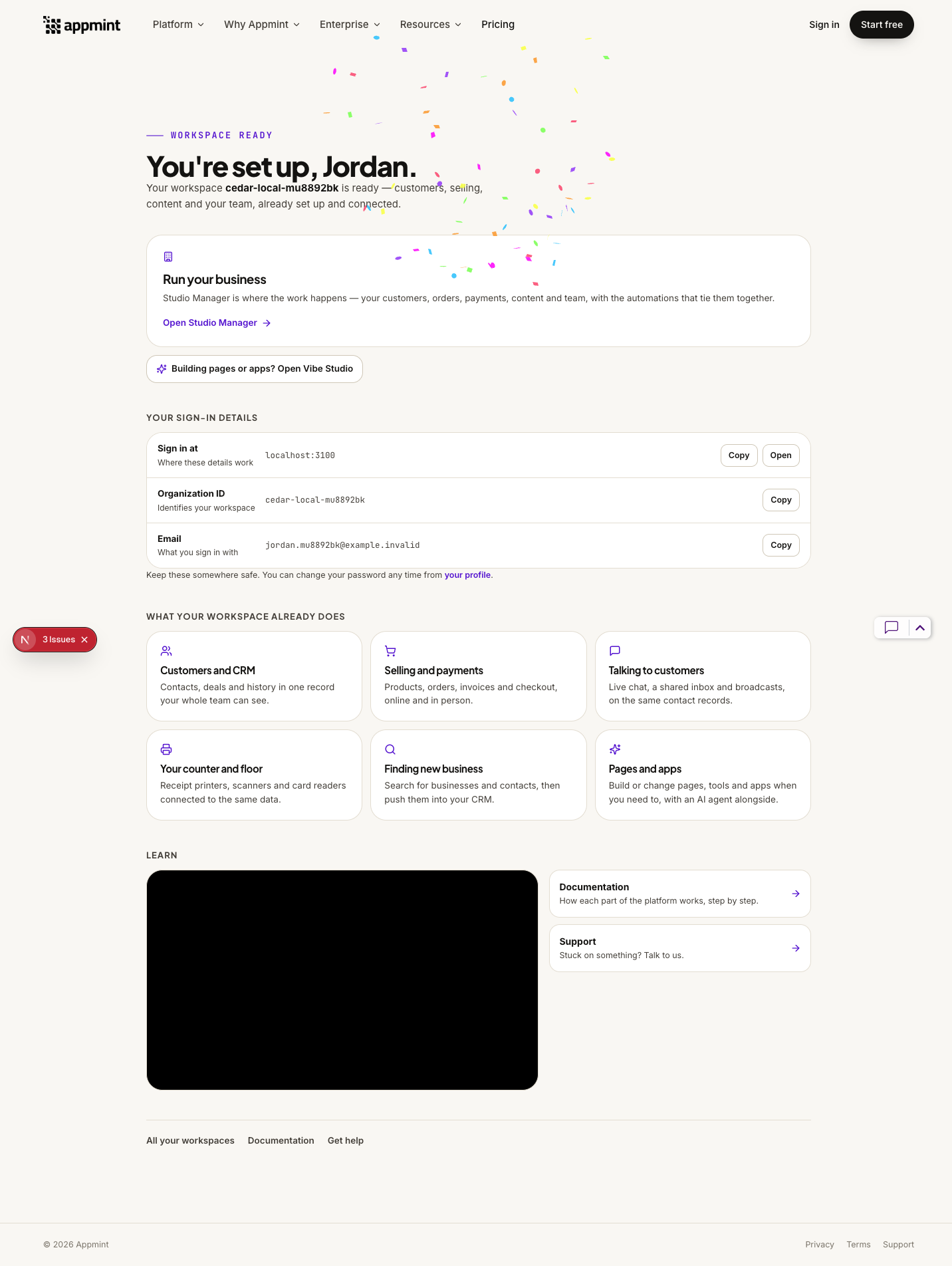 Welcome page with the configured local Studio address