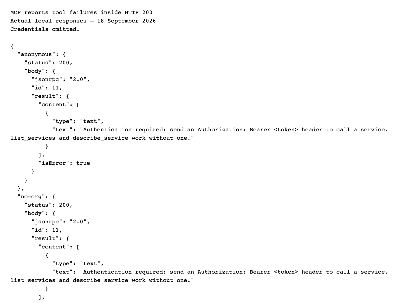 Actual tool errors, all inside HTTP 200 envelopes.