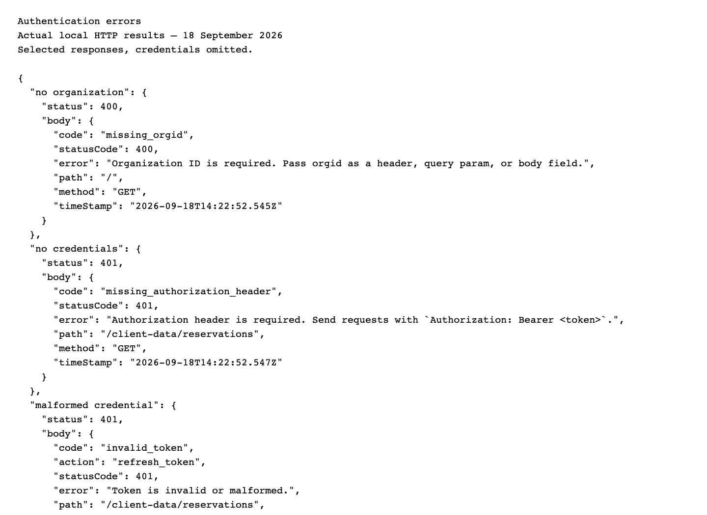 Sanitized examples of the actual authentication errors.