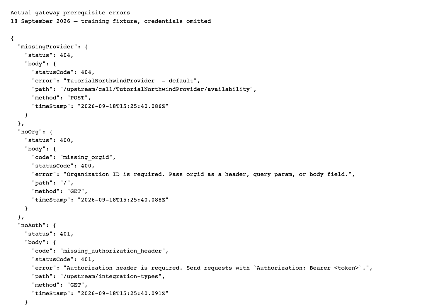 Actual missing-provider and authentication errors.