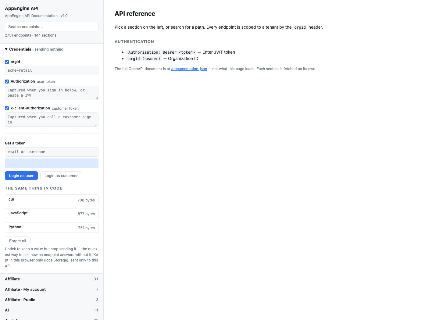 The actual runtime API index and credential controls.
